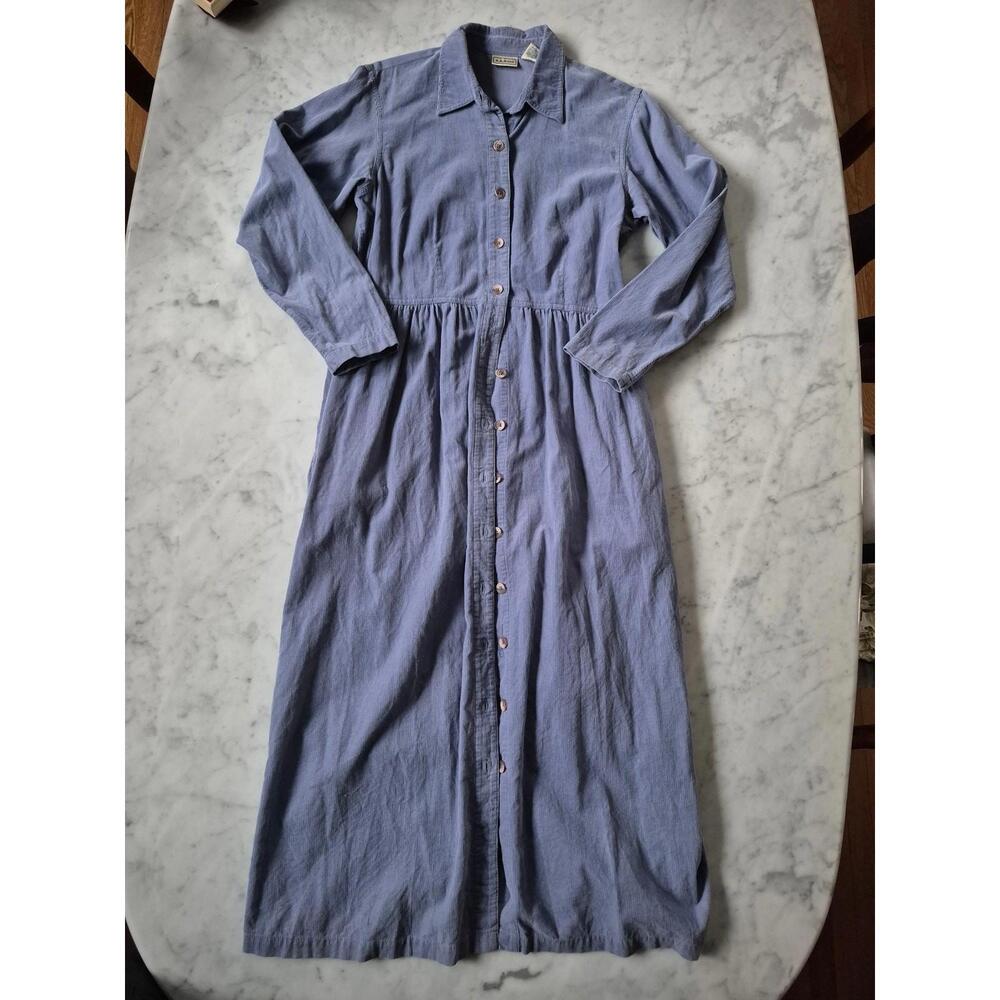 VTG LL Bean Midi Dress Corduroy Button Up Lt Blue Modest Cottagecore Pockets 10